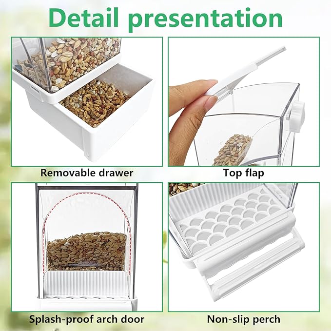 Hamiledyi Automatic Bird Feeder No Mess Bird Cage Feeder Transparent Acrylic Parrot Seed Food Container with Perch Cage Accessories for Parakeet Finch Lovebirds Budgies Canary (White)