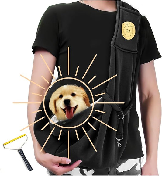 Dog Sling Carrier with Pet Hair Remover, Hands-Free Pet Carrier, Escape Proof, Adjustable Shoulder Strap with Zipper Pockets Suitable for Small Size Dogs Cats Puppy Kitten (Black)