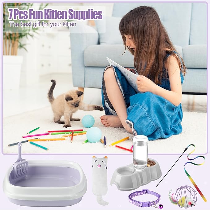 7 Pcs Small Cat Kitten Starter Kit Cat Litter Box with Shovel Paw Litter Mat Double Automatic Kitten Bowls Toy Teaser Stick Collar Essentials Kits for 1-3 Lbs Beginner(Stylish,Purple)