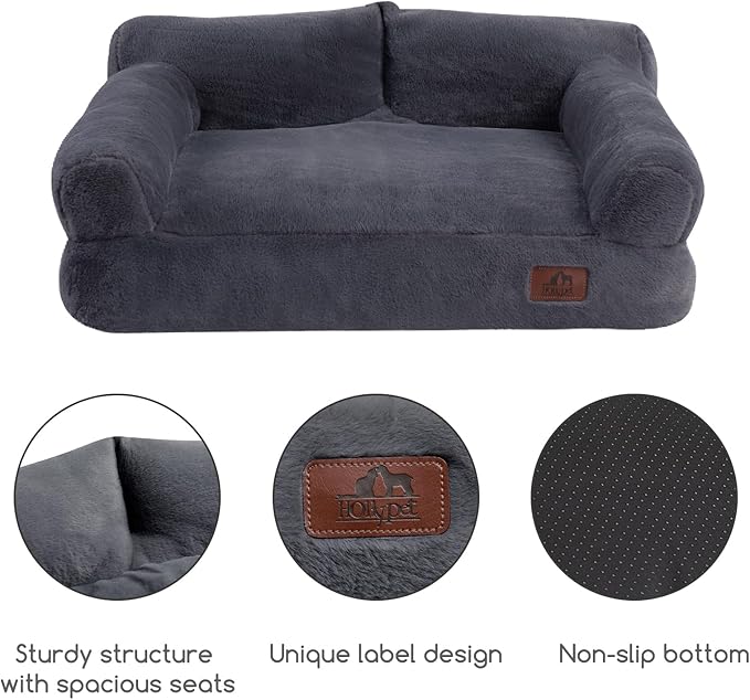 Hollypet Fluffy Plush Dog Cat Pet Couch Soft Calming Sofa Bed for Medium Small Cats and Dogs, Gray, M