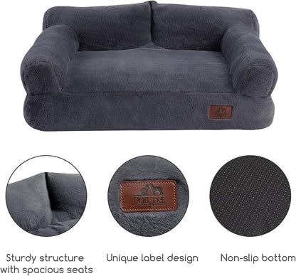 Hollypet Fluffy Plush Dog Cat Pet Couch Soft Calming Sofa Bed for Medium Small Cats and Dogs, Gray, M