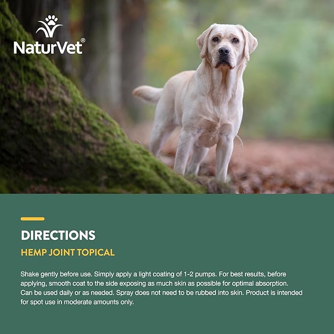 NaturVet Hemp Joint Topical Spray with Ginger for Dogs, 6oz Liquid, Made in The USA