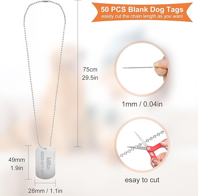 100 Pcs Military Dog Tags Set, 50 Pcs Aluminum Blank Dog Tags and 50 Pcs Iron Necklace Chain, Dog Tags Engraved for Pets, Perfect for DIY Decorative Craft Pet Dog ID Tags, Silver