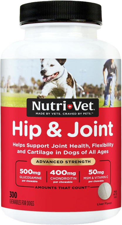Nutri-Vet Advanced Strength Hip & Joint Supplement for Dogs, Puppy Supplements, Dog Joint Supplement, Contains 500mg of Glucosamine, 400mg of Chondroitin, 50mg of MSM, Puppy Essentials, 300 Tablets