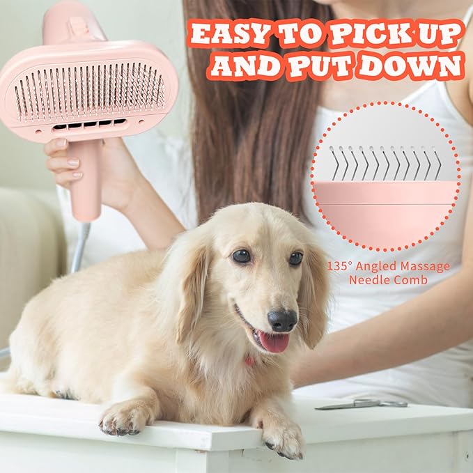 2-in-1 Pet Grooming Dryer and Brush - Overheating Protection, 3 Blowing Modes, Low Noise - Ideal for Small and Medium Dogs/Cats - Slim Handle (PINK)