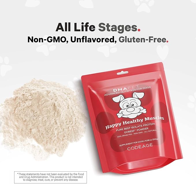 Happy Healthy Muscles Supplement for Dogs - Grass-Fed Beef Protein Powder - Rich in Collagen and Amino Acids - Pure Beef Isolate Protein - All Life Stages - Unflavored & Non-GMO - 10.58 Oz