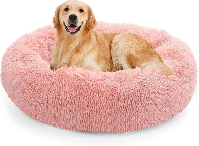 NOYAL Calming Donut Dog Bed for Small to Medium Dogs & Cats - Plush Faux Fur Anti-Anxiety Pet Bed with Machine Washable Cover & Non-Slip Base