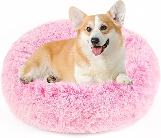 NOYAL Calming Donut Dog Bed for Small to Medium Dogs & Cats - Plush Faux Fur Anti-Anxiety Pet Bed with Machine Washable Cover & Non-Slip Base