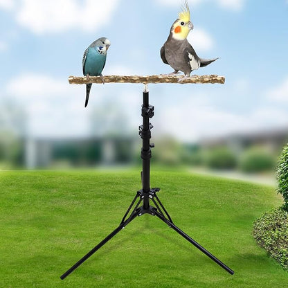 Wooden Bird Perch Stand with a Height Adjustable Tripod, Bird Training Accessories for Indoor or Outdoor, Birds Stand for African Grey, Budgies, Cockatiels, Lovebirds, Conures, Small to Medium Birds
