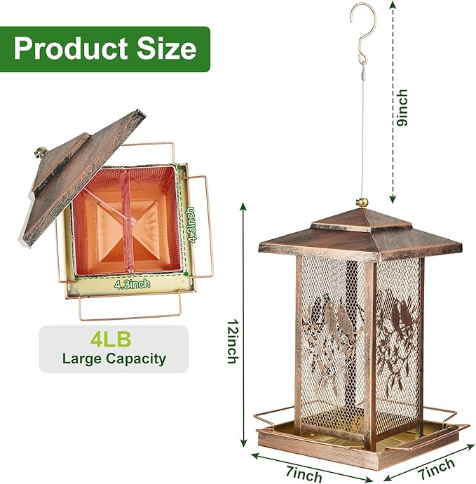 LBTING Bird Feeder for Outside, Metal Lantern-Shaped Bird Feeder, Squirrel Proof Wild Bird Feeders for Hanging Outdoor Garden Yard, Birds Pattern