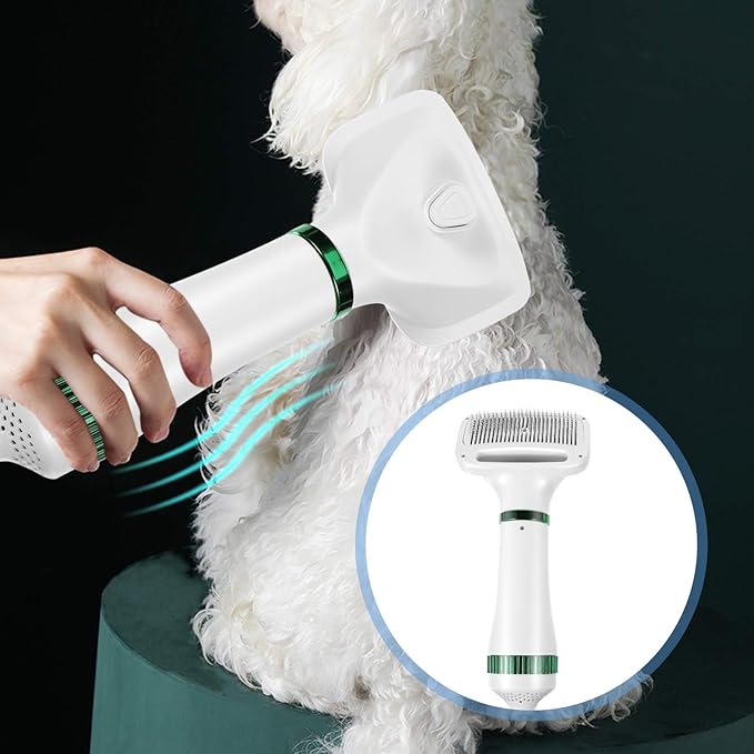 2 in 1 Dog Hair Dryer Comb Pet Hair Dryer with Slicker, Professional Home Grooming Dryer Brush Furry Drying Blower for Small Large Cat Dog White, 3 Temperature Settings