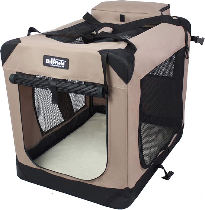 EliteField 3-Door Folding Soft Dog Crate with Carrying Bag and Fleece Bed (2 Year Warranty), Indoor & Outdoor Pet Home (42" L x 28" W x 32" H, Khaki)