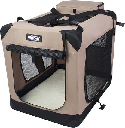 EliteField 3-Door Folding Soft Dog Crate with Carrying Bag and Fleece Bed (2 Year Warranty), Indoor & Outdoor Pet Home (42" L x 28" W x 32" H, Khaki)
