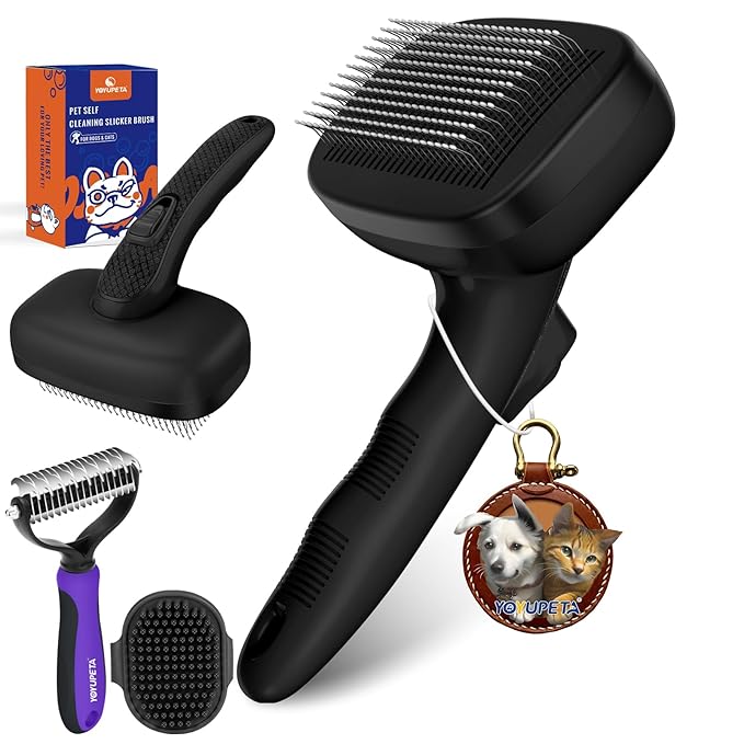 Dog Brush Kit - Self-Cleaning Slicker Brush with Bath Brush & Undercoat Rake | Deshedding Tools for Large - Small Dogs & Cats, Professional 3-in-1 Pet Grooming Set for Heavy Shedding, Black