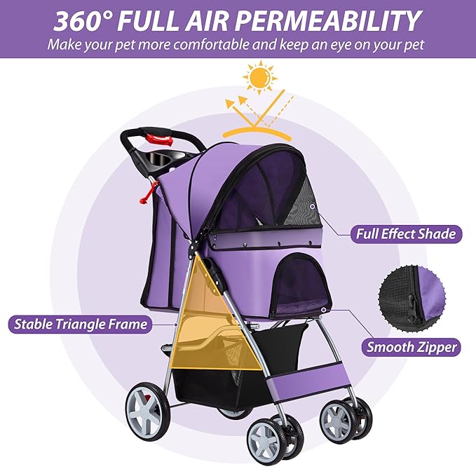 4 Wheels Pet Stroller for Small Medium Dogs Cats 33 lbs, Breathable Foldable Jogger Stroller with Storage Basket, Travel Puppy Stroller for All-Season, Move Pad & Protective Lock, Purple