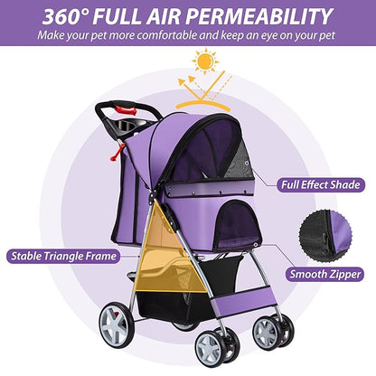 4 Wheels Pet Stroller for Small Medium Dogs Cats 33 lbs, Breathable Foldable Jogger Stroller with Storage Basket, Travel Puppy Stroller for All-Season, Move Pad & Protective Lock, Purple
