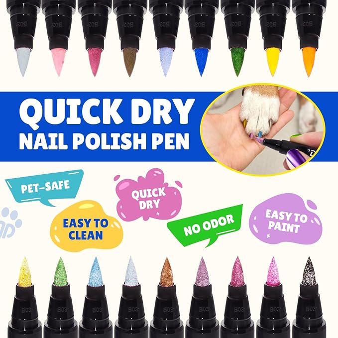 18 Metallic & Matte Colors Dog Nail Polish Pens Quick Dry with Dog Nail File, Non Toxic Glitter Dog Safe Nail Polish, Easy to Apply Pet Safe Accessories for Small and Large Puppies
