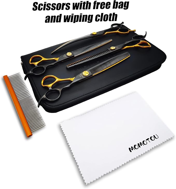 7.5'' Black & Gold Dog Grooming Scissors Set with Comb Curved Thinning Chunker Straight Shears 4PCS in Scissors Bag 440C Stainless Steel Sharp and Durable for Groomers and Beginners