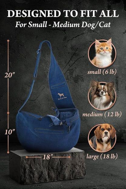 Noah & Paw Dog Sling Carrier for Small Dogs 5-18lb, Dog Sling for Small Dogs and Cats, Dog Carrier with Adjustable Padded Strap, Vegan Denim Lined with Fur, 3X Safety Features, Machine Washable