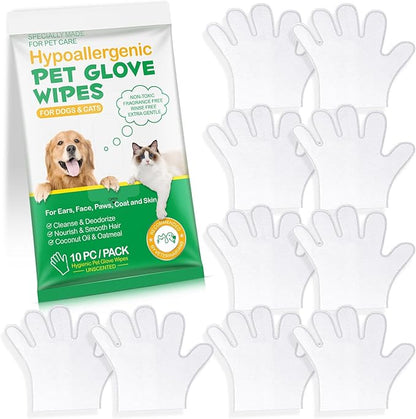 Pet Glove Wipes UNSCENTED for Dogs and Cats No-Rinse, Deodorizing, Grooming Gloves for Paws, Face, Butt, and Legs, Portable Travel-Friendly, Family Stockpile, 10 PCS Hypoallergenic Wipes