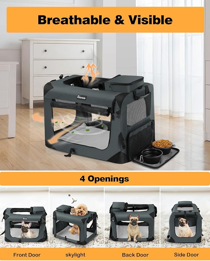 Large Cat Carrier 24"x16"x16", Soft Dog Crate with 2 Bowls, Collapsible Travel Pet Carrier Bag for Cats Dogs Puppies Kittens (Grey)