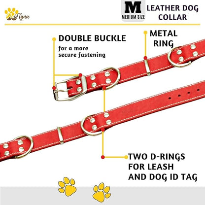 ADITYNA Heavy Duty Leather Dog Collar - Soft and Strong Red Dog Collar for Medium Dogs (Medium: Fit 13" - 20" Neck, Red)
