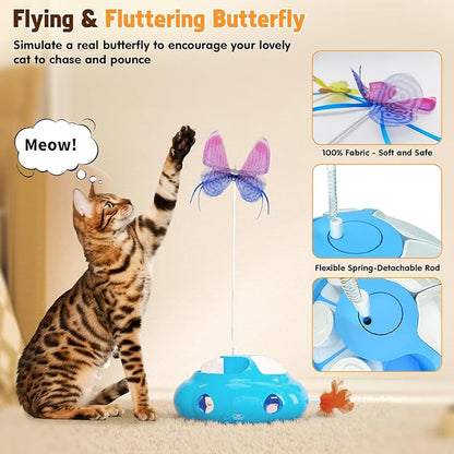 Interactive Cat Toys for Indoor Cats, 4in1 Pet Teaser Toy with Ambush Feather Wand, Motorized Fluttering Butterfly and Slow Feeder, Rechargeable Power Treat Puzzle Toy(Blue)