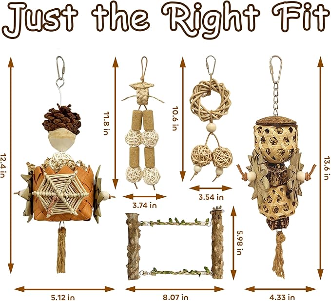 5-Pack Natural Hanging Basket Bird Toys – Foraging & Chewing Toys for Parakeets, Cockatiels, Conures & Small Birds – No Plastic, All-Natural Materials