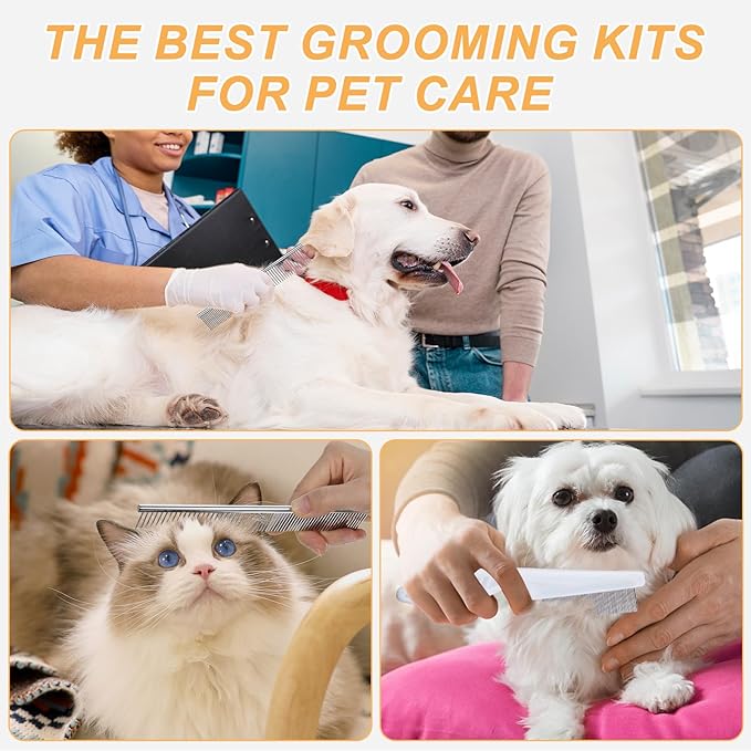 4 PCS Flea Combs Metal Comb for Dogs Tick Comb for Dogs Fine-Tooth Stainless Grooming Massage Combs Puppy Stainless Steel Pets Grooming Kit for Removing Mats Knots Loose Fur from the Undercoat