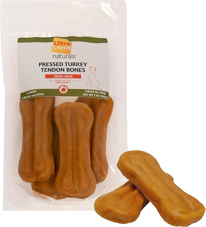 Ultra Chewy Turkey Tendon Pressed Bones for Dogs - Premium All-Natural, Hypoallergenic, Long-Lasting Dog Chew Treat, Easy to Digest, Ingredient Sourced from USA (4 Inches - 4 Pack)
