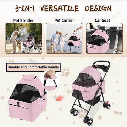 3 in 1 Dog Stroller, 4 Wheels Pet Stroller Dog Cat Stroller for Medium Small Dog Cats Up to 50lbs, Foldable Carrier Jogger Travel Puppy Stroller with Cup Holder & Breathable Mesh, Pink
