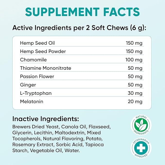 Dog Calming Chews for Anxiety Relief - Hemp Calming Chews for Dogs - 120 Soft Treats - Stress, Separation - USA Product - Melatonin, Passion Flower, Chamomile