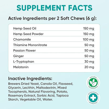 Dog Calming Chews for Anxiety Relief - Hemp Calming Chews for Dogs - 120 Soft Treats - Stress, Separation - USA Product - Melatonin, Passion Flower, Chamomile