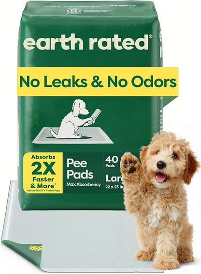Earth Rated Max Absorbency Puppy Pee Pads for Dogs Absorbs 2X Faster & 2X More, Leak-Proof Odor-Free Potty Training Wee Wee Pad, Unscented, Large, 22” x 23”, 40 Count