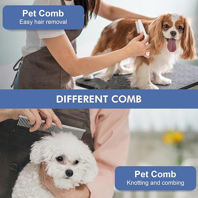 Pet Grooming Brush Kit 7pcs, Cat Brush with Release Button Comb Set for Shedding -Cat Brush&Nail Clippers File Set for Cat Dogs Long matted Haired Pets and Nail Repair(Blue)