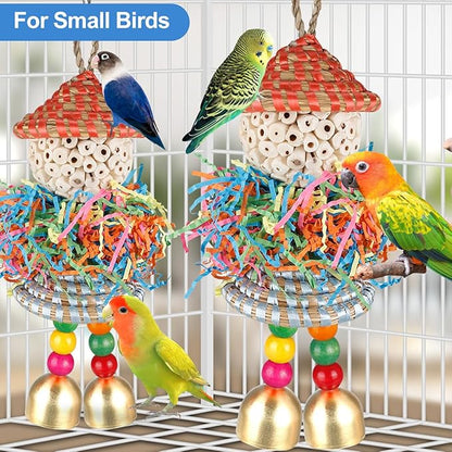 2PCS Bird Toys Parrot Foraging Shredder Hanging Toys Sola Balls with Bell for Small Parrots Parakeets Cockatiel Conures Love Birds Budgie Cage Toy