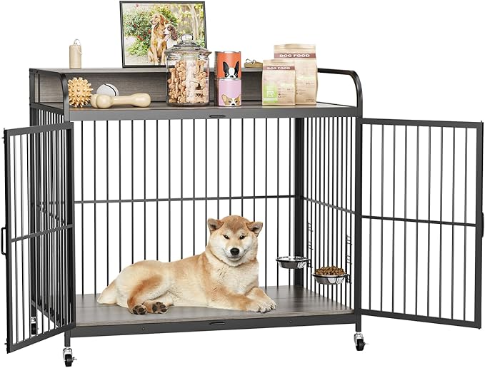 IDEALHOUSE Dog Crate Furniture, 39.8" L X 22.5" W X 38.6" H,Dog Crate Indoor with Adjustable Height Bowls, Wooden Heavy Duty, 39.8 Inch Dog Kennel Furniture for Medium Dogs,Grey