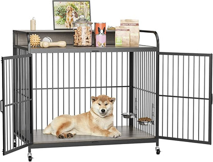 IDEALHOUSE Dog Crate Furniture, 39.8" L X 22.5" W X 38.6" H,Dog Crate Indoor with Adjustable Height Bowls, Wooden Heavy Duty, 39.8 Inch Dog Kennel Furniture for Medium Dogs,Grey