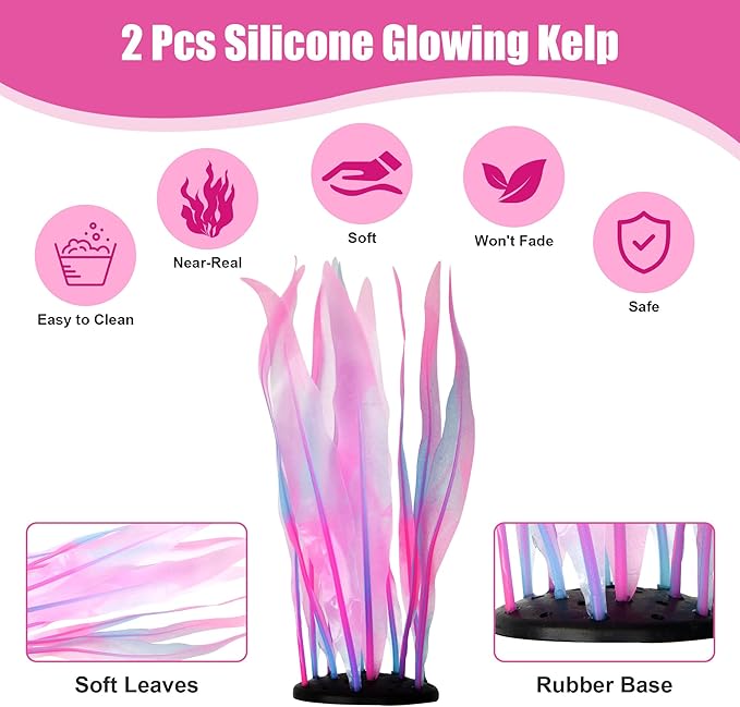 Kaiyuan Dynasty 2pc Aquarium Decor Plastic Plants Fish Tank Artificial Plants Glowing Aquarium Kelp Move with Water Flows Soft Silicone Aquatic Seaweed,7inch,Pink