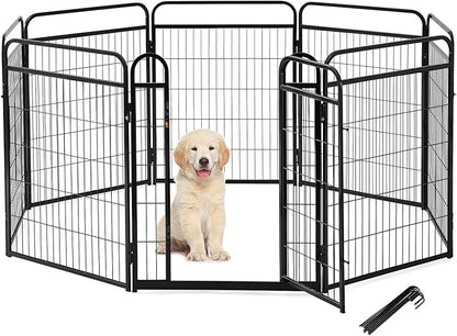 Dog Play Pen Indoors - 8 Panels 32" Playpens Indoor Safety Design Without Stakes, Threshold Free Door Ease to Access, Portable Fence Ground Anchors for Outdoor, Yard and RV Camping