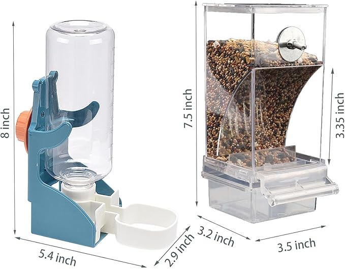 NIENIE No Mess Bird Feeder Water Dispenser Set, Automatic Transparent Parrot Feeder Acrylic Parrot Food Container Drinker, Blue (Pack of 2)
