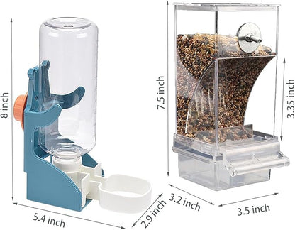 NIENIE No Mess Bird Feeder Water Dispenser Set, Automatic Transparent Parrot Feeder Acrylic Parrot Food Container Drinker, Blue (Pack of 2)