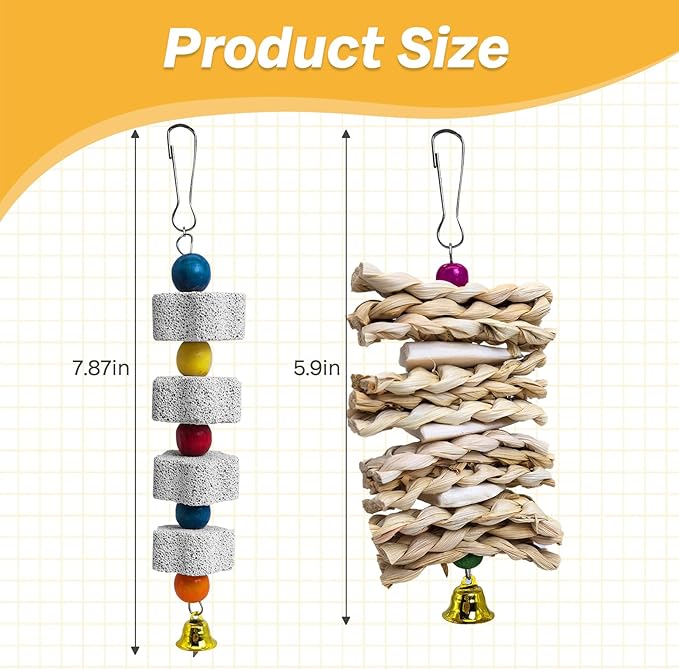 PINVNBY 2 Pack Parrot Toys Chewing Bird Toy Cuttlebone Beak Grinding Stone Cage Hanging Toys with Bell for African Greys Amazon Conure Eclectus Budgies Parakeet Cockatiel Hamster Chinchilla