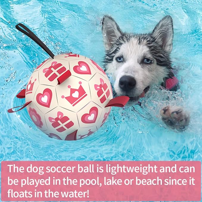 QDAN Pink Dog Toys Soccer Ball with Straps,Interactive Dog Toys for Tug of War,Valentines Gift Puppy Birthday Gifts,Dog Tug Toy,Dog Water Toy,Durable Dog Balls for Medium & Large Dogs（8 Inch）