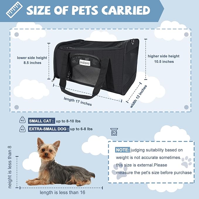 17 x 12 x 8.5 TSA Approved pet Carrier for Extra-Small Dog Under 6-8 lbs and Small cat Under 8-10 lbs,10.5'' Higher Side with Elastic Frame to Putted underseat for jetblue Spirit Airlines.