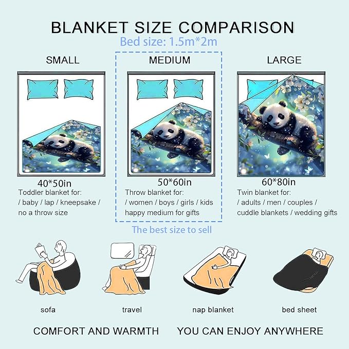 Dreamy Panda Flannel Blanket, Cute Sleeping Animal with Blossom and Butterfly Throw Blankets Lightweight Soft Cozy for Chair Bed Sofa Camping Travel, Home Decor, Gifts for Panda Lovers, 50x60in