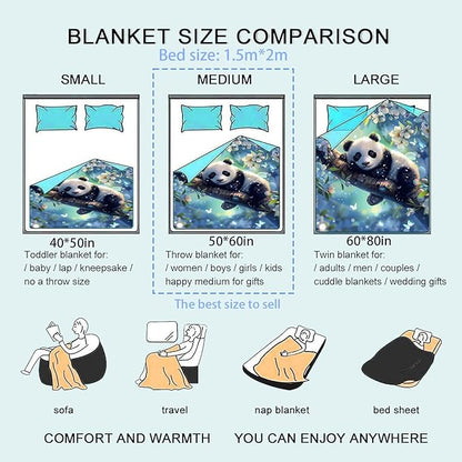 Dreamy Panda Flannel Blanket, Cute Sleeping Animal with Blossom and Butterfly Throw Blankets Lightweight Soft Cozy for Chair Bed Sofa Camping Travel, Home Decor, Gifts for Panda Lovers, 50x60in