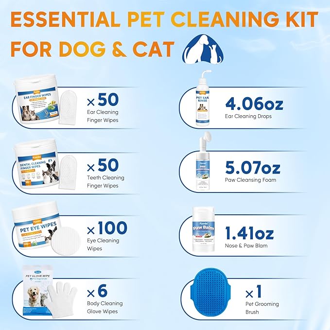 Dog Wipes Cleaning Deodorizing, Dog Grooming Wipes & Dog Paw Cleaner, Pet Cleaning Kit for Teeth, Ears, Eyes, Paw, Body, Dog Ear Rinse, Essential Dog Supplies Set