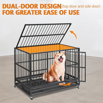 48 inch Heavy Duty Dog Crate, Indestructible Dog Crates for Large Dogs, Cage Kennel with Wheels&Brakes, Sturdy Locks Design, Double Door and Removable Tray, for Medium & Large Pets