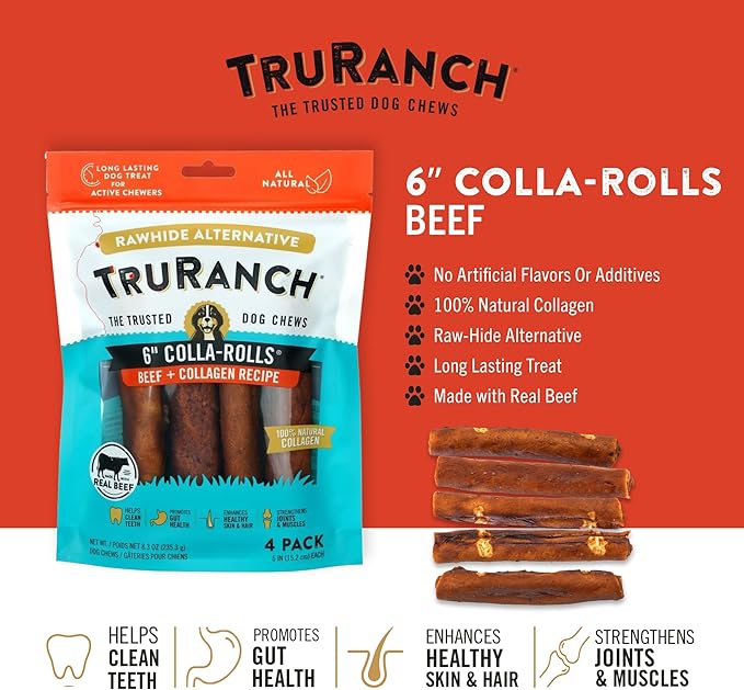 TRURANCH Collagen Rolls - 6" Collagen Rolls for Dogs - Long Lasting Healthy Joint Support - Rawhide Alternative - Skin & Coat Health - Made with Real Beef, Value Pack, 3 Bags, 12 Count
